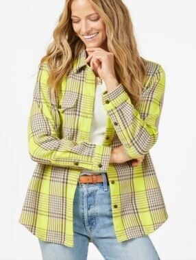 Outerknown Blanket Shirt Electric Lime Yellow Green Grey Taupe Cotton Plaid XS S